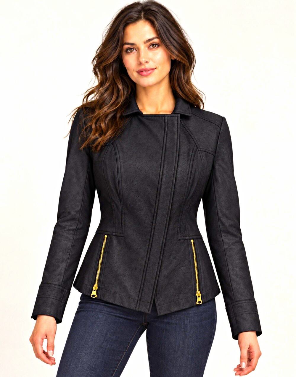 Clara Sunwoo Liquid Leather Moto Jacket Women’s XS Black Gold Zip Stretch